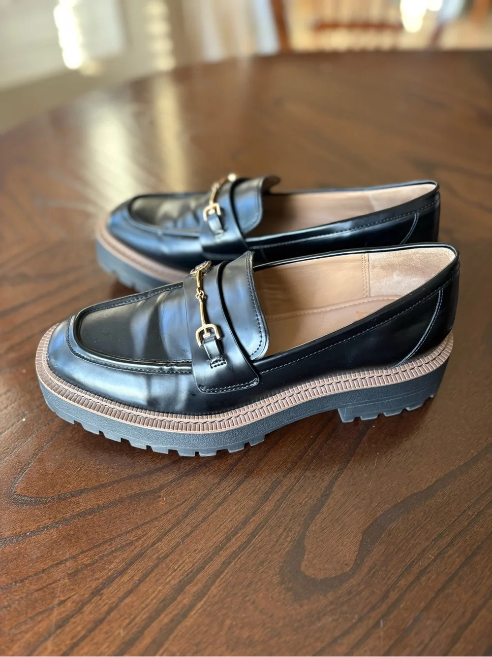 Sam Edelman Black Leather Lug Sole Loafers with Gold Bit - Picture 3 of 6